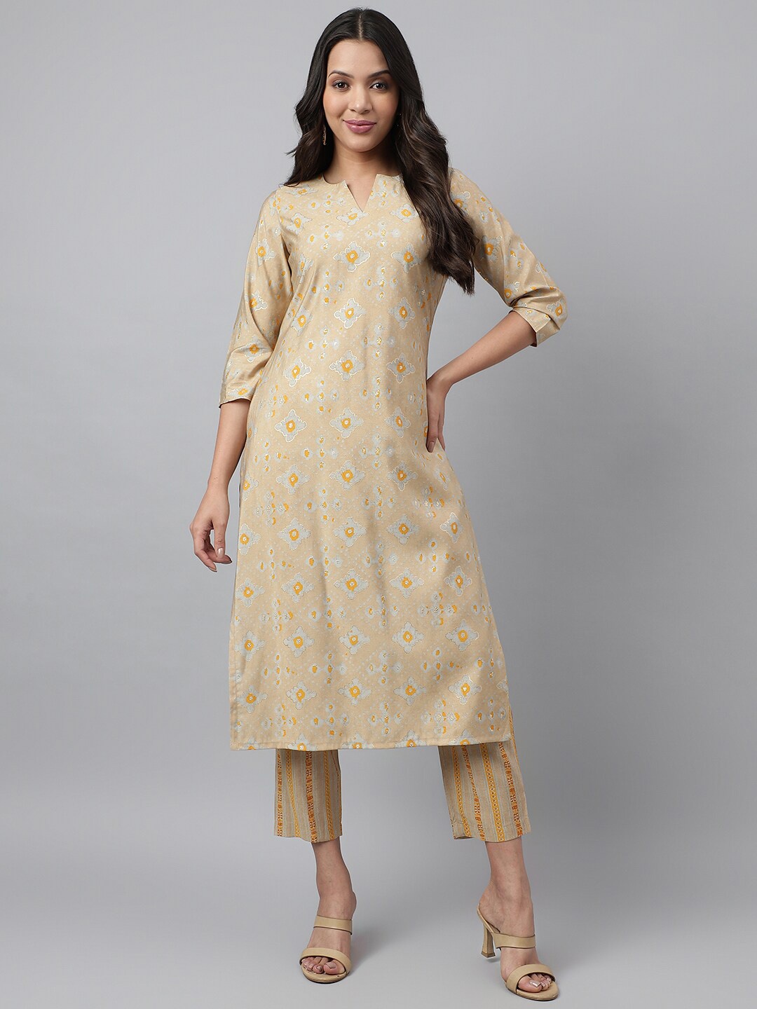 

KALINI Women Printed Regular Chanderi Cotton Kurta with Trousers, Yellow