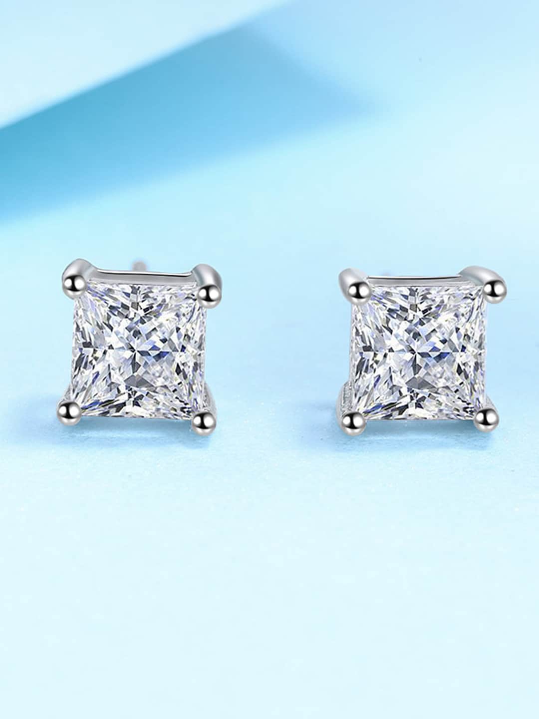 

VAGHBHATT Silver Plated Square Cubic Zirconia Square Shaped Studs Earrings