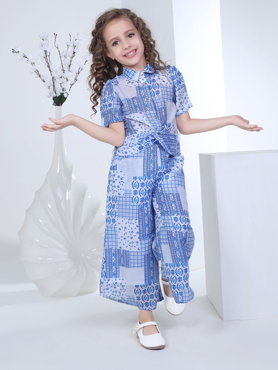 

Peppermint Girls Printed Top with Palazzos, Blue