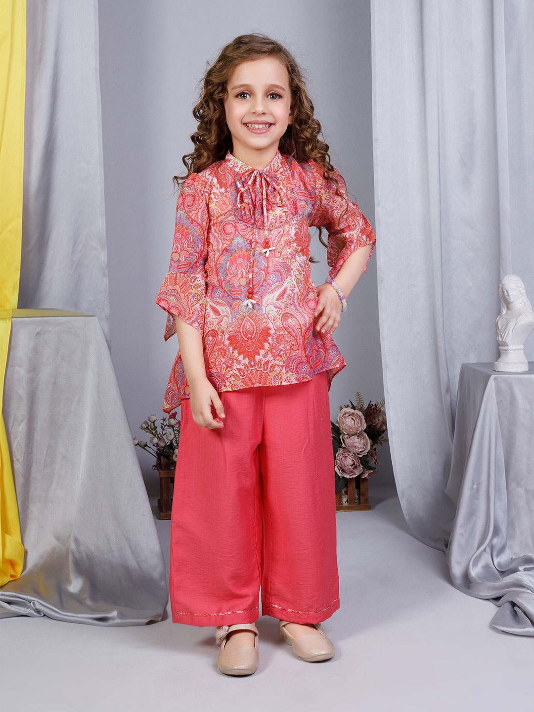 

Peppermint Girls Mandarin Collar Printed Tunic with Trouser, Peach