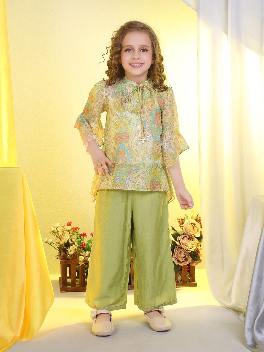 

Peppermint Girls Mandarin Collar Printed Tunic with Trouser, Green