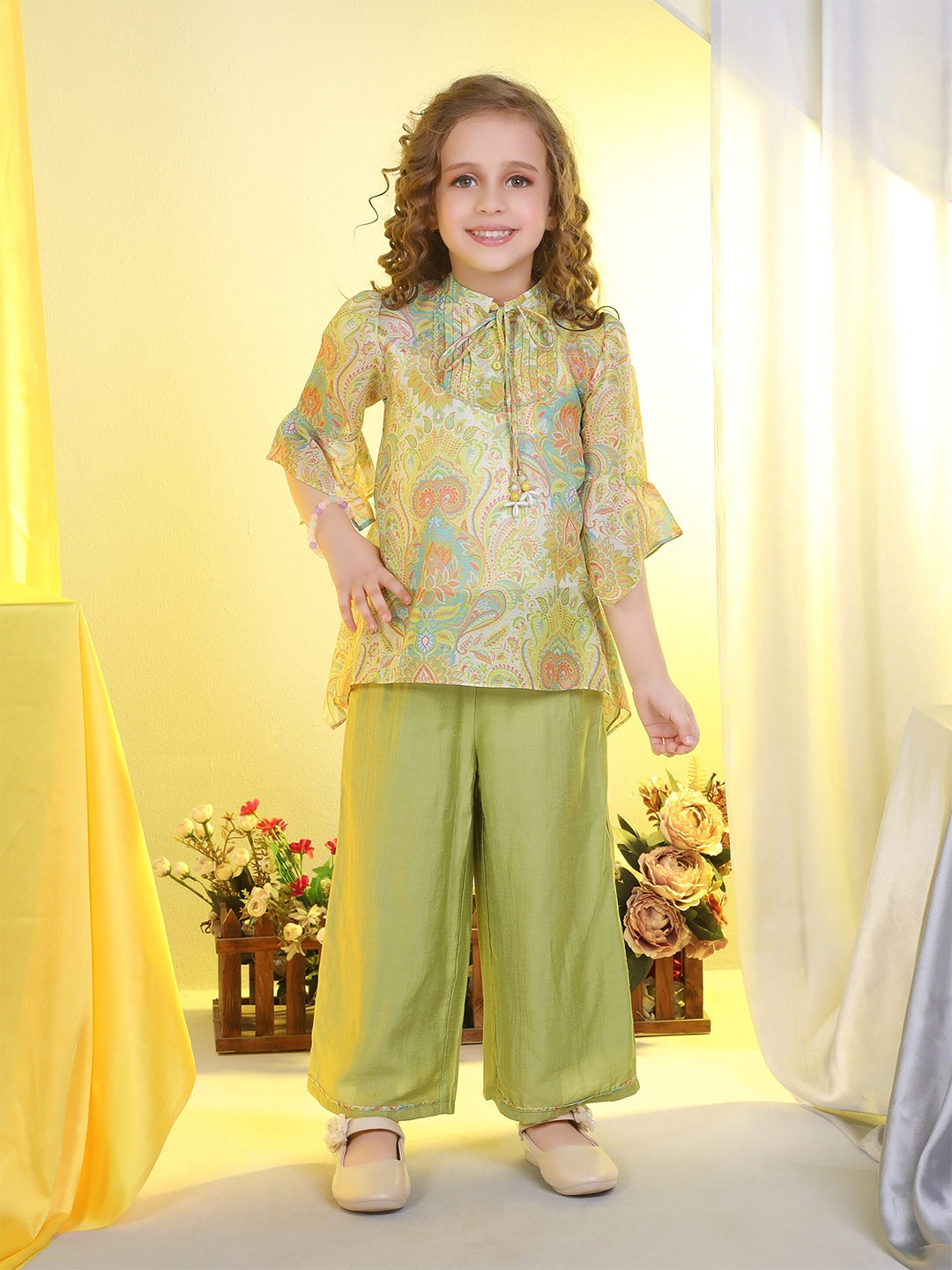 

Peppermint Girls Mandarin Collar Printed Tunic with Palazzo, Green