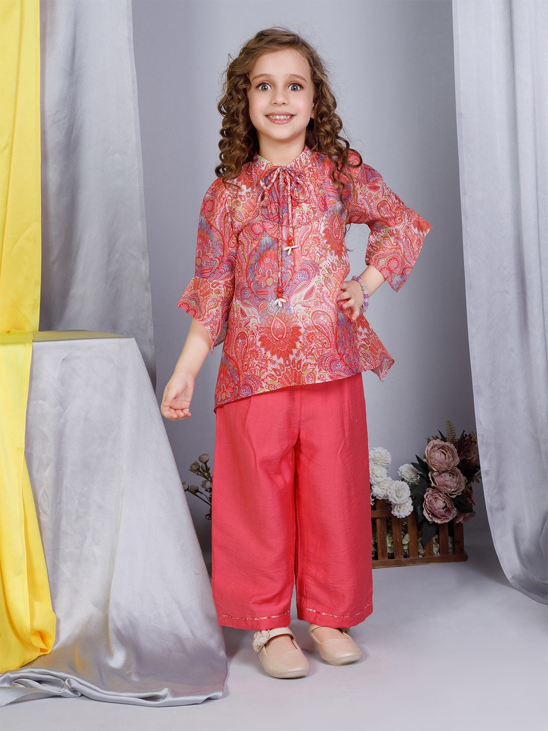 

Peppermint Girls Mandarin Collar Printed Tunic with Palazzo, Peach