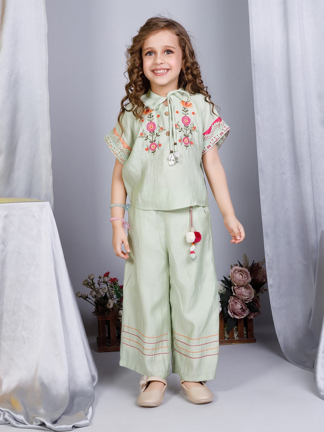 

Peppermint Girls Mandarin Collar Top with Palazzos, Green