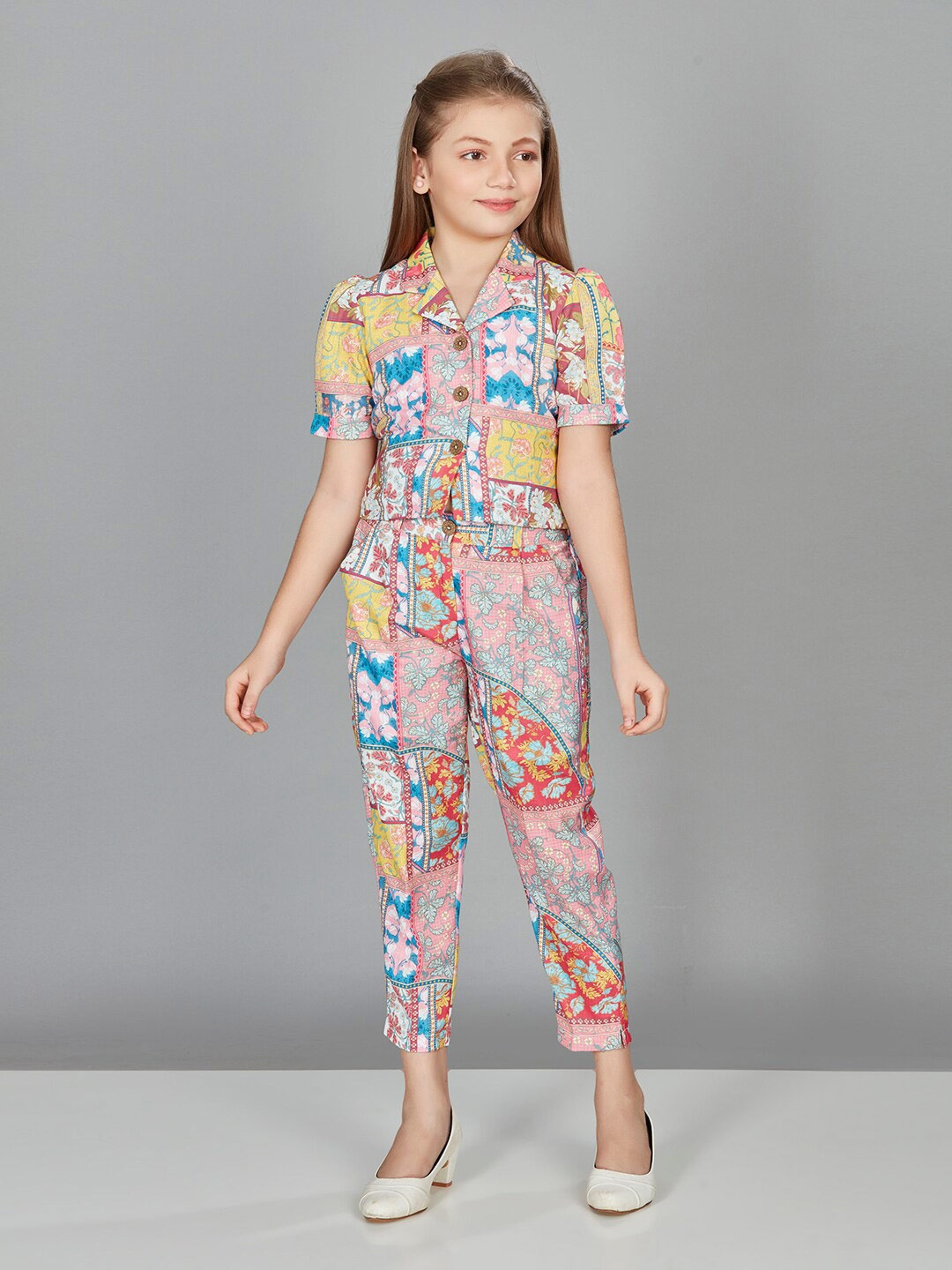 

Peppermint Girls Shirt Collar Printed Top with Trouser, Red
