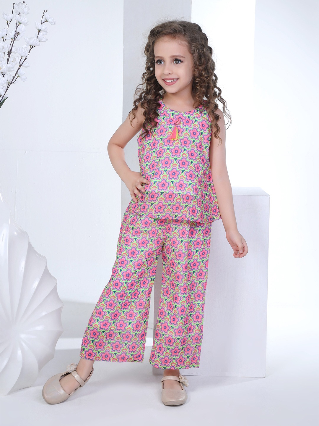 

Peppermint Girls Round Neck Sleeves Printed Tunic with Palazzo, Pink