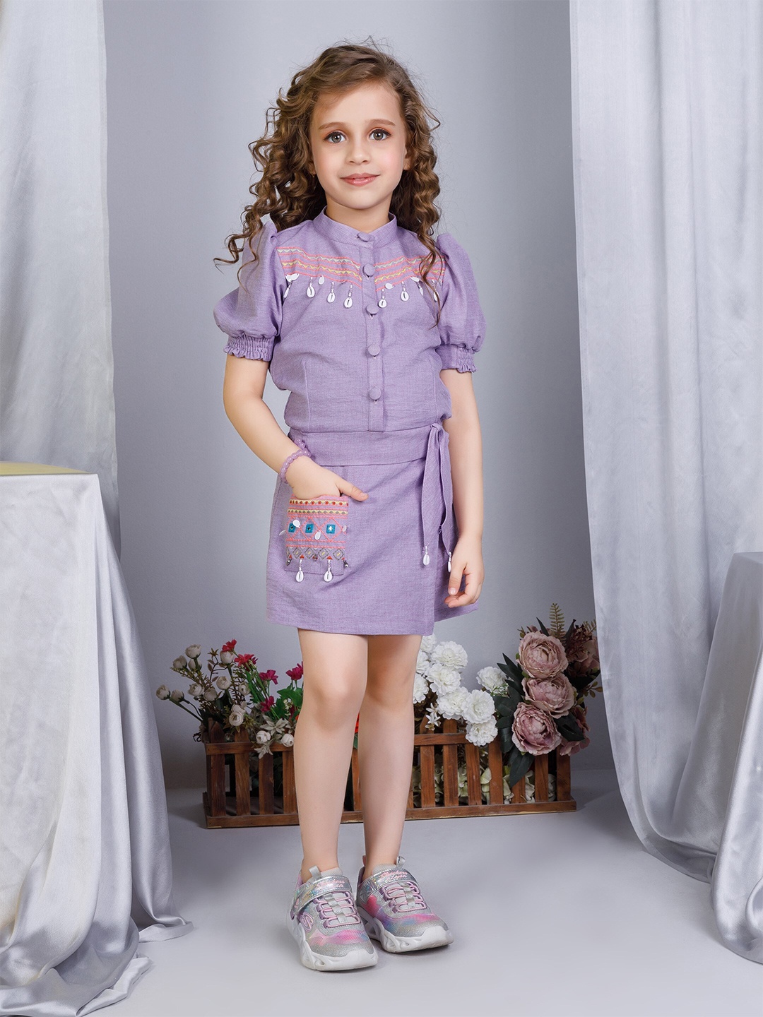 

Peppermint Girls Mandarin Collar Top with Shorts, Purple