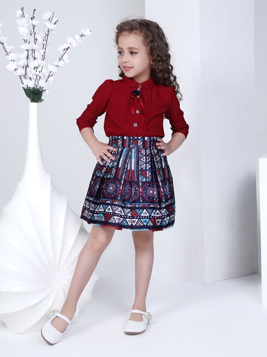 

Peppermint Girls Shirt Collar Top with Skirt, Maroon