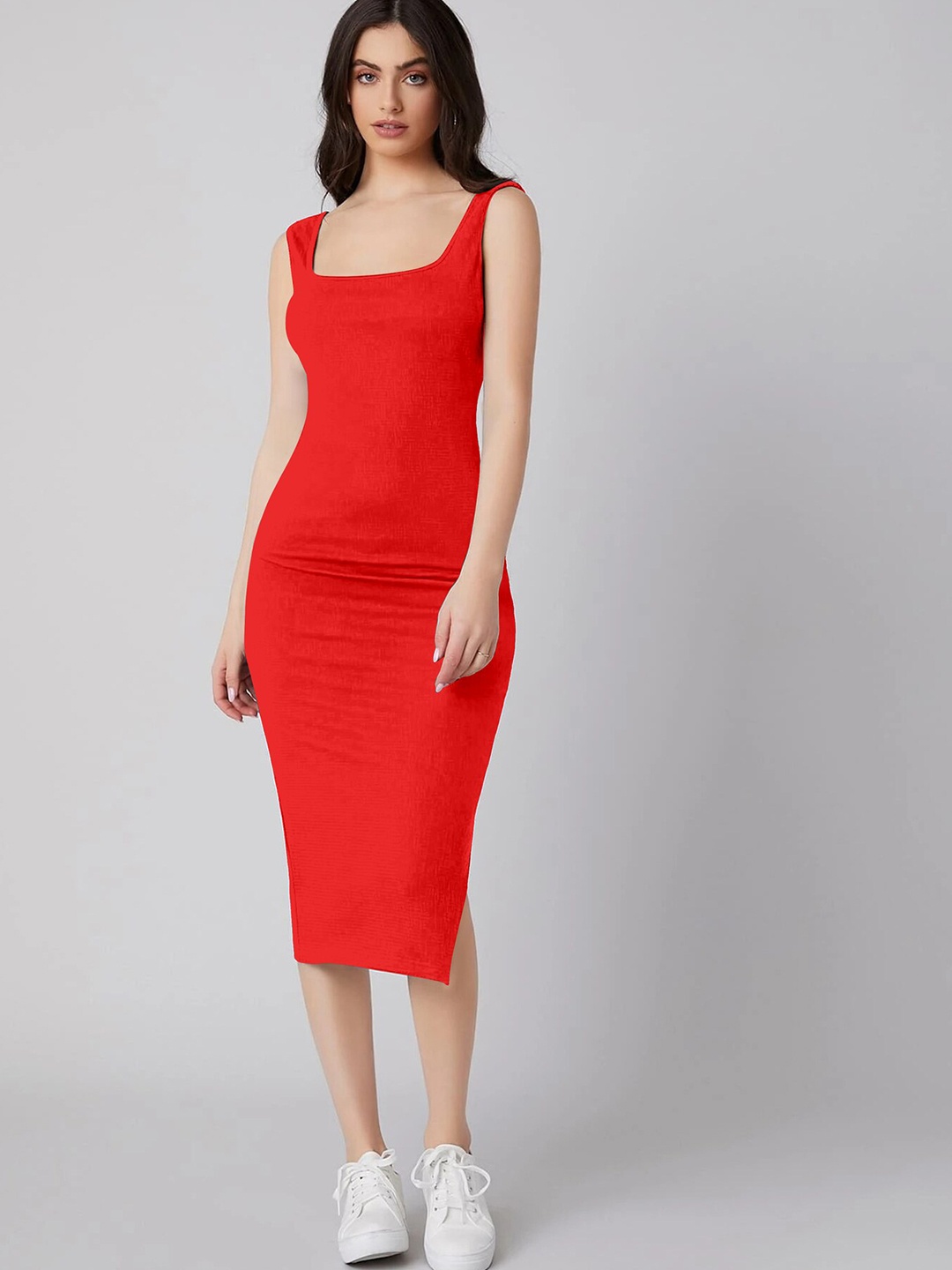 

Alekya Square Neck Sleeveless Bodycon Dress, Red