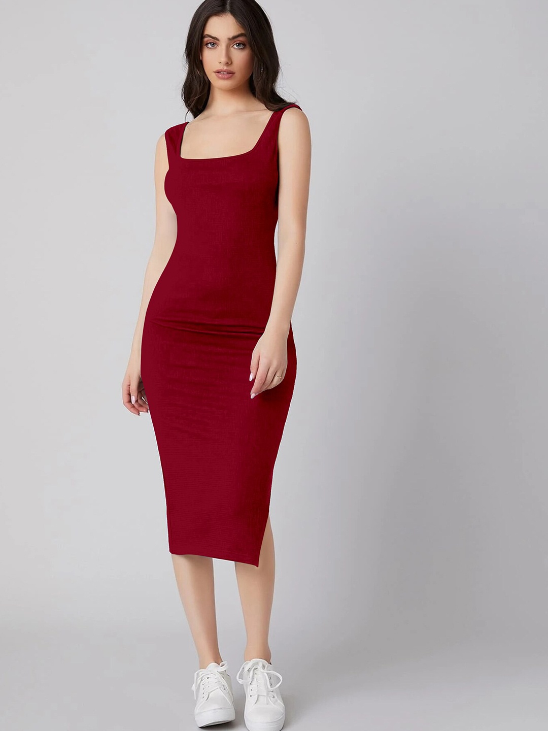 

Alekya Square Neck Sleeveless Bodycon Midi Dress, Maroon