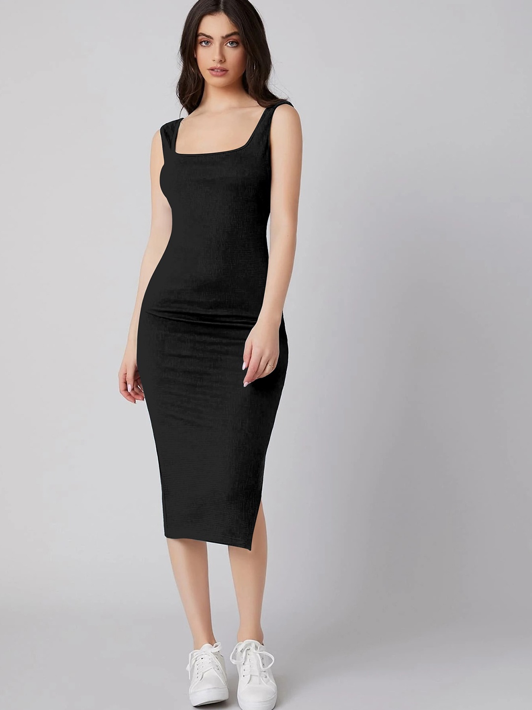 

Alekya Square Neck Sleeveless Bottom Slit Bodycon Midi Dress, Black