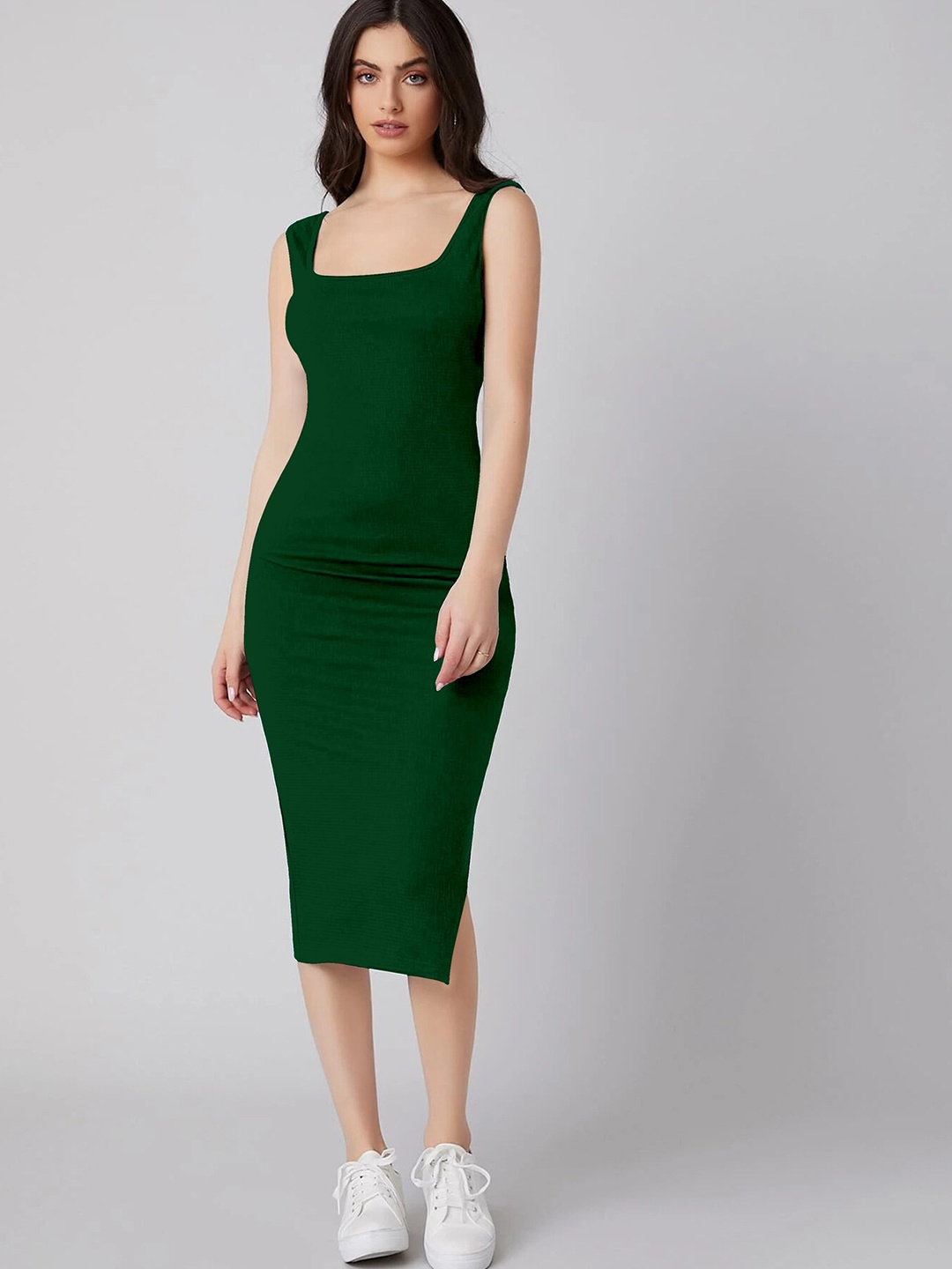 

Alekya Square Neck Sleeveless Bottom Slit Bodycon Midi Dress, Green
