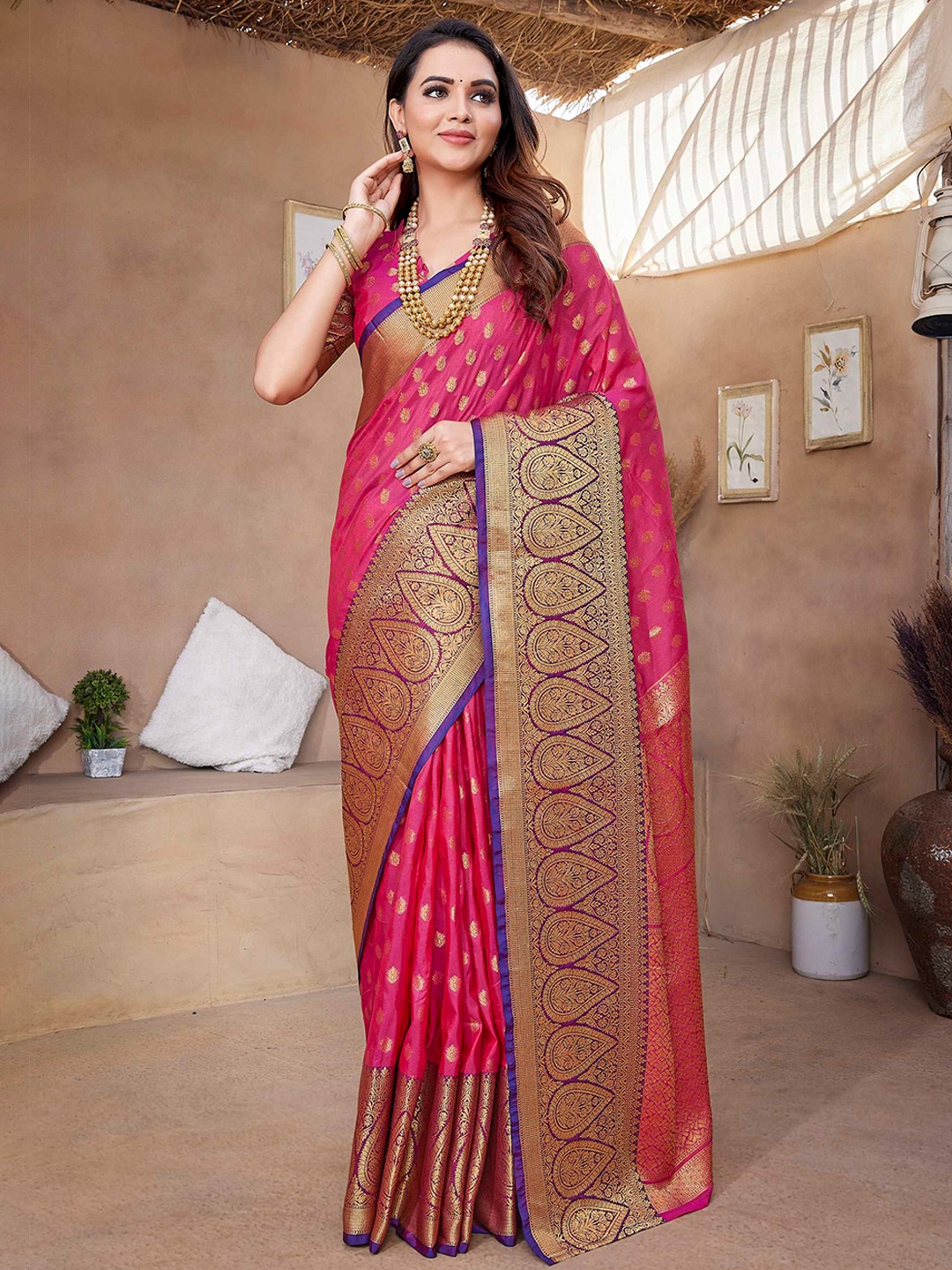 

Mitera Pink Ethnic Motifs Woven Design Zari Banarasi Saree