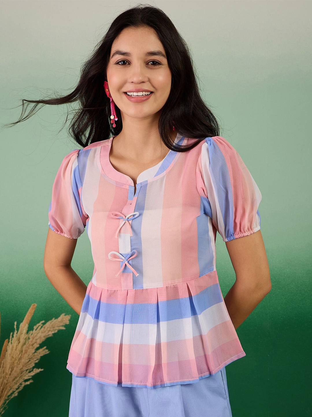 

Sangria Striped Puff Sleeves Peplum Top, Pink
