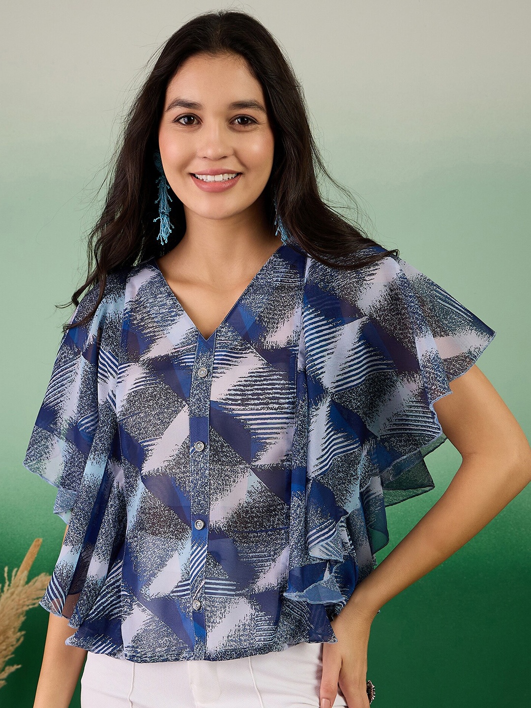 

Sangria Abstract Printed Flared Sleeves V Neck Kaftan Top, Blue