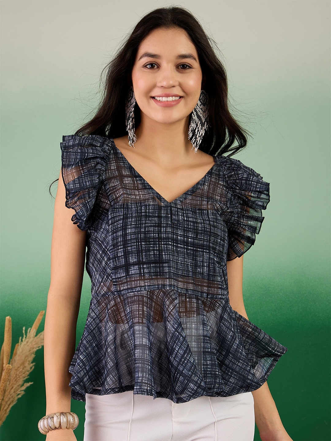 

Sangria Abstract Printed V Neck Flutter Sleeves Peplum Top, Blue