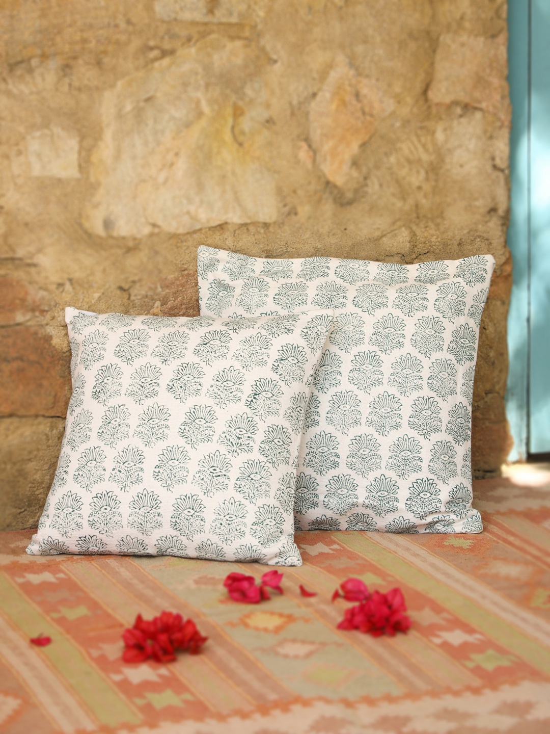 

Aura Green & Off White 2Pcs Ethnic Motifs Cotton Square Cushion Covers