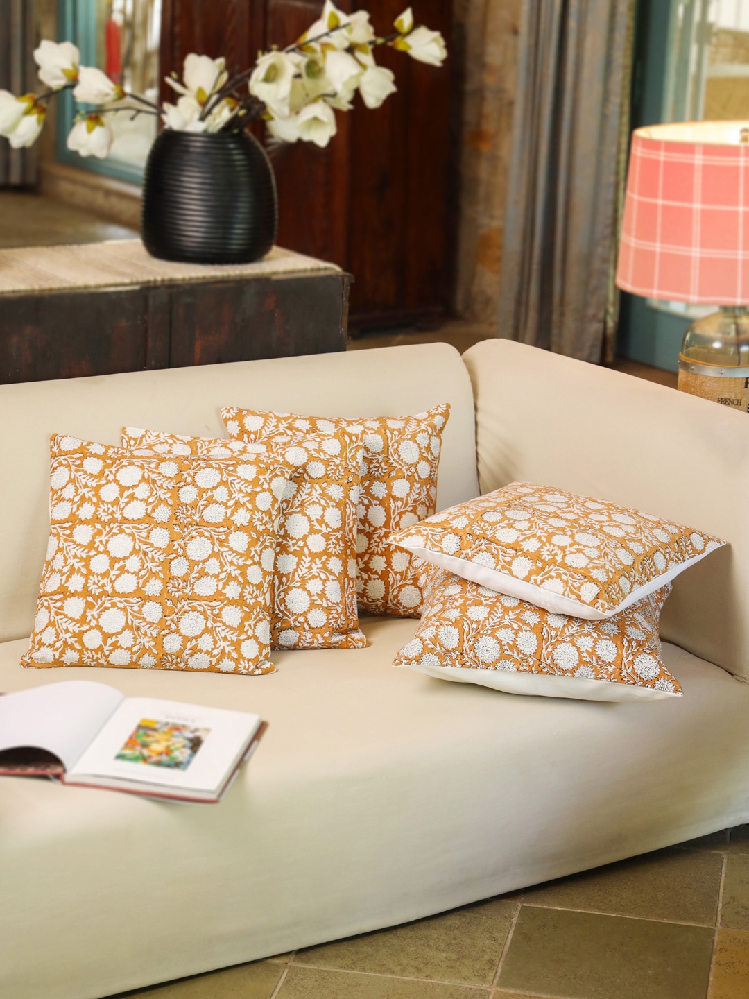 

Aura Off White & Orange 5Pcs Ethnic Motifs Cotton Square Cushion Covers