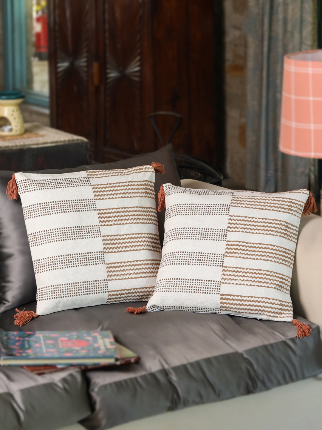 

Aura Brown & Off White 2Pcs Striped Cotton Square Cushion Covers