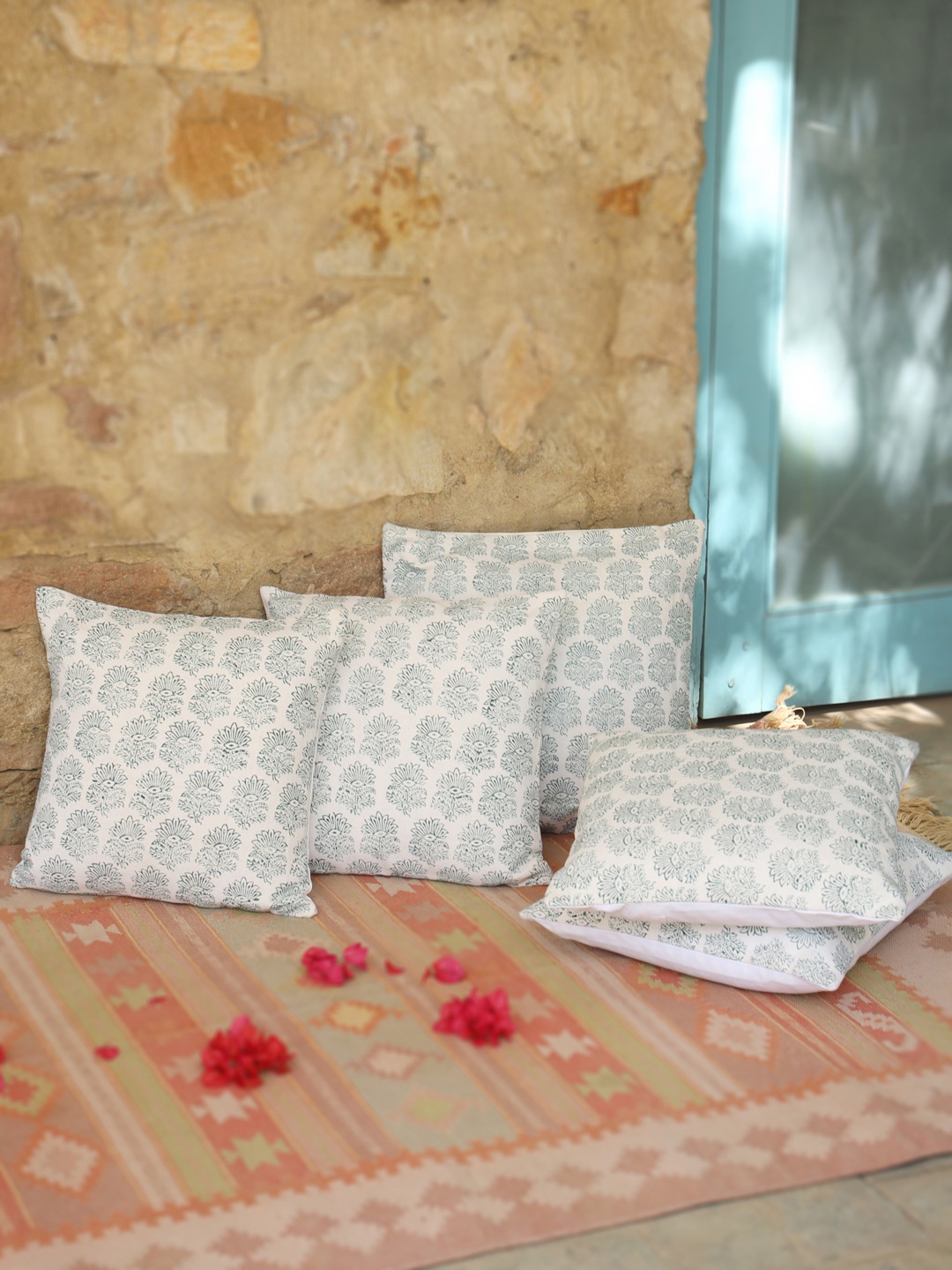 

Aura Green & Off White 5Pcs Ethnic Motifs Cotton Square Cushion Covers