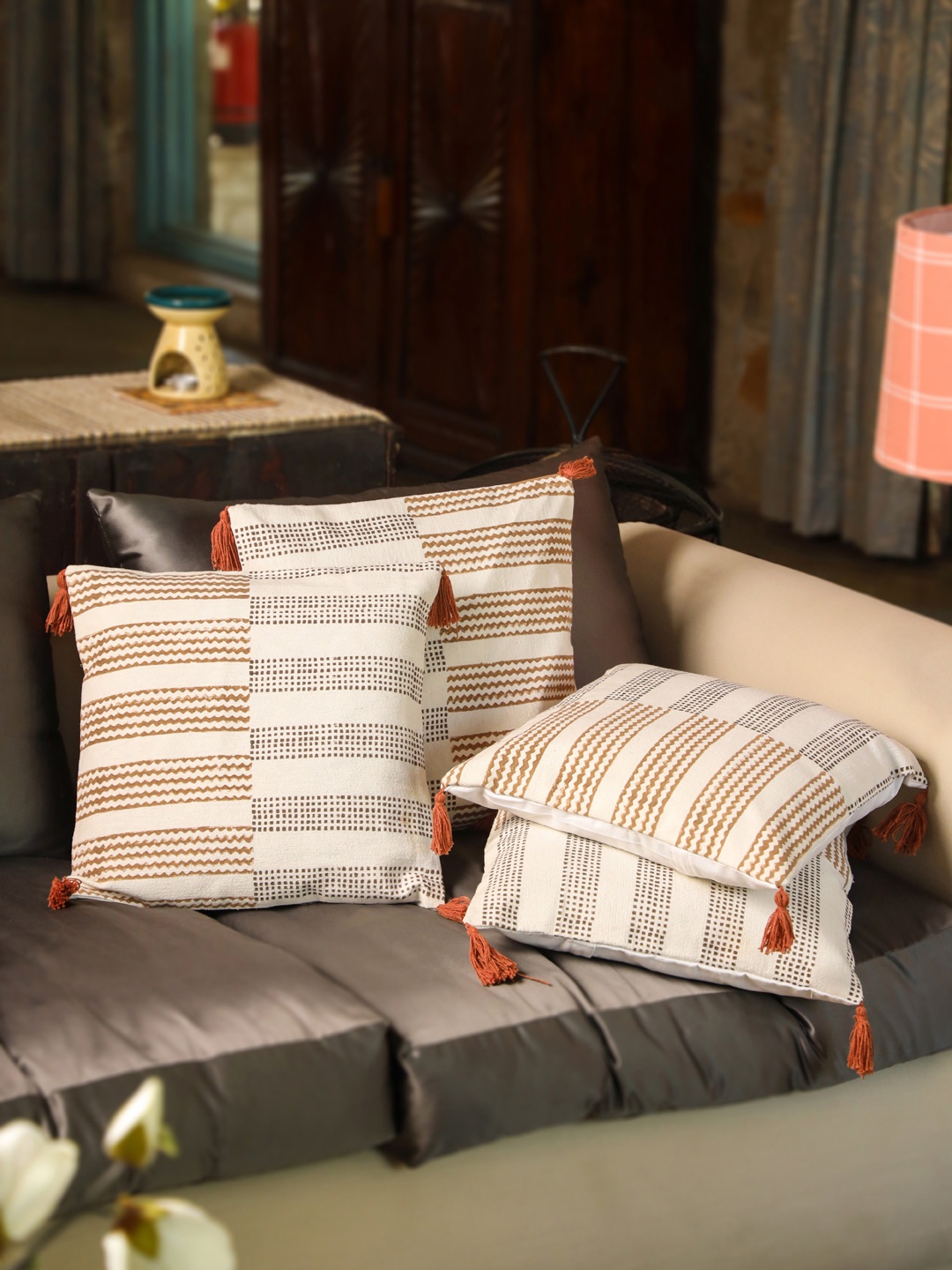 

Aura Brown & White 5Pcs Striped Cotton Square Cushion Covers