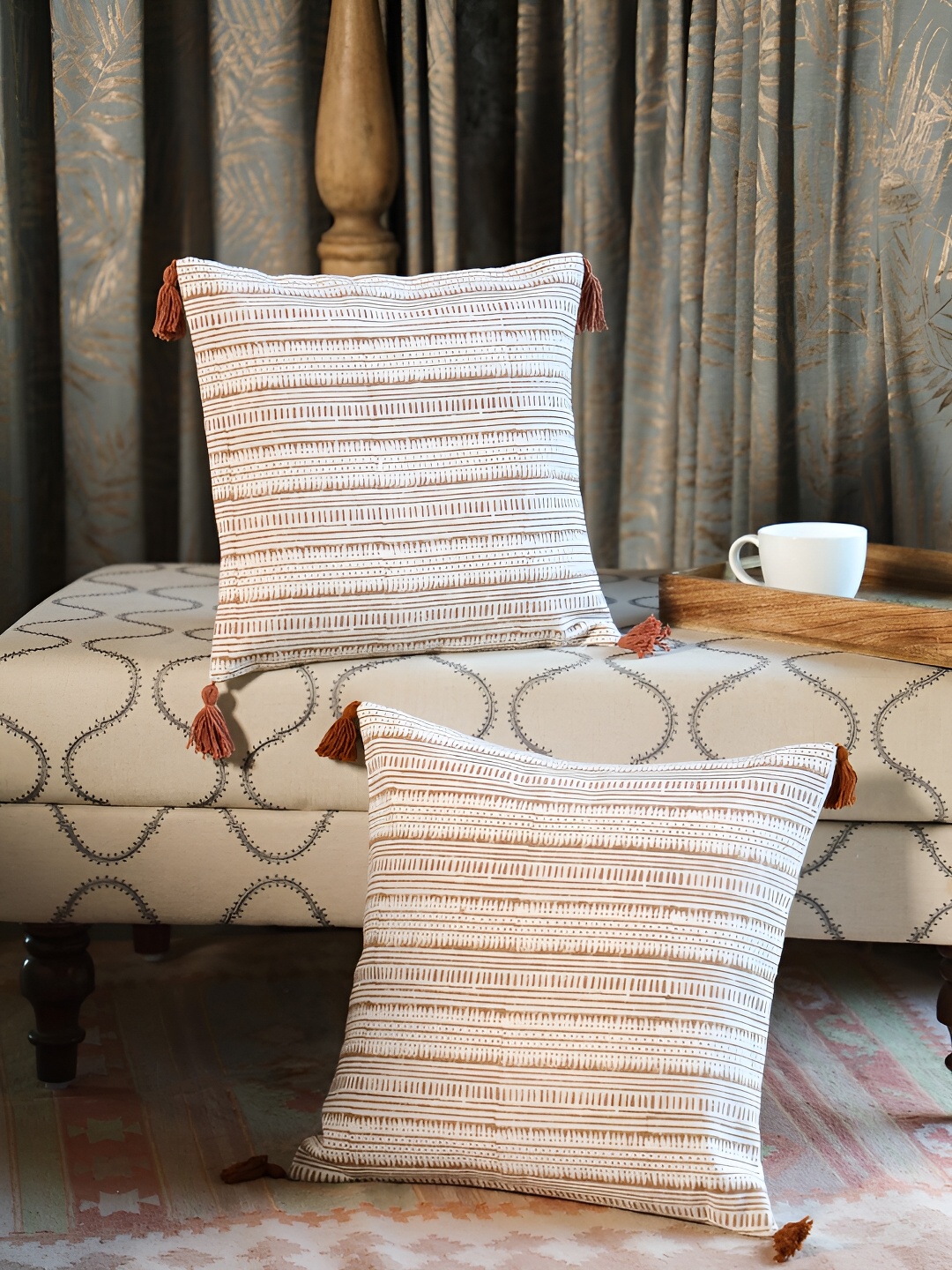 

Aura Brown & Off White 2Pcs Striped Cotton Square Cushion Covers