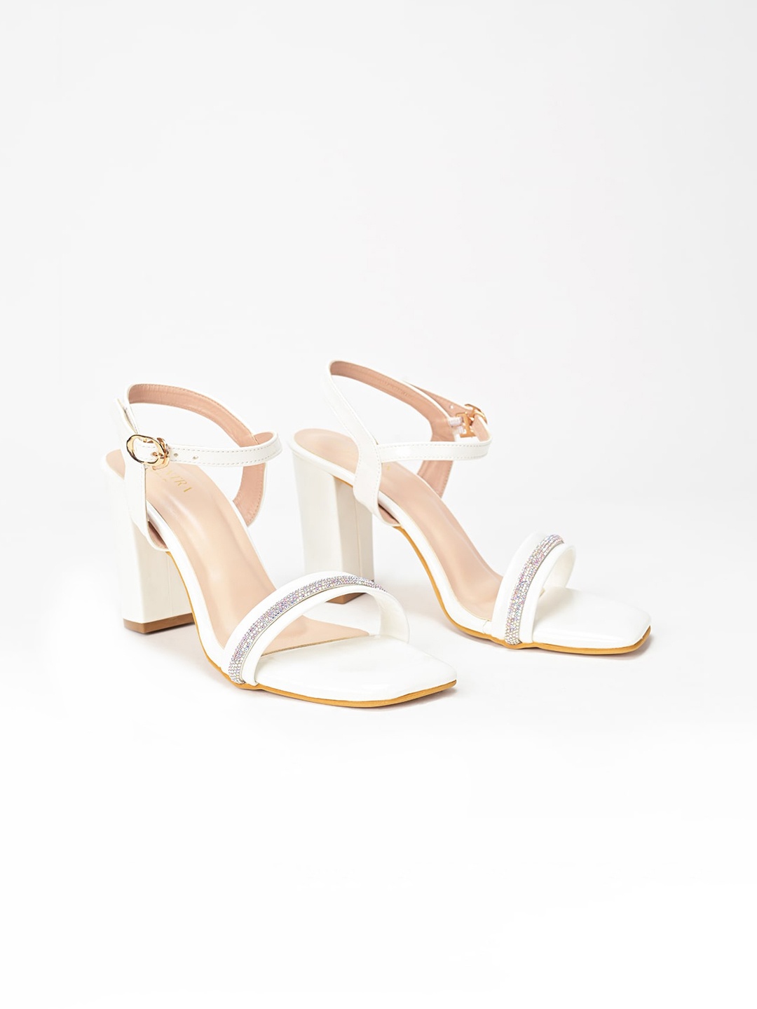 

SCENTRA Embellished Open Toe Block Heels, White