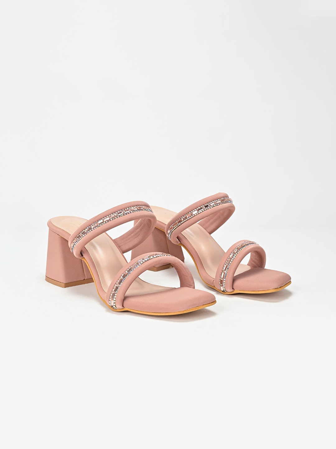 

SCENTRA Embellished Open Toe Block Heels, Peach