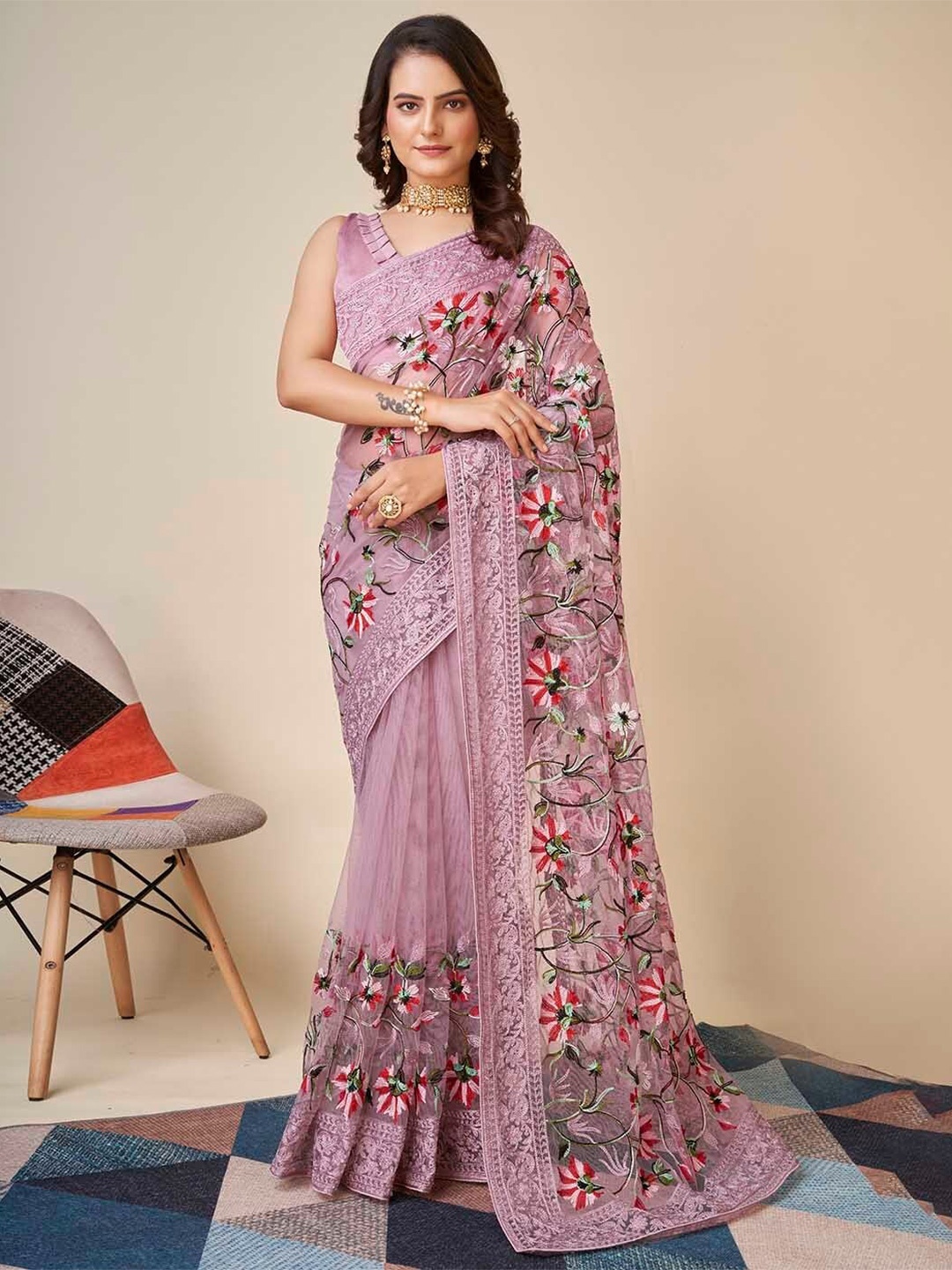 

LEOSAGI Floral Embroidered Net Maheshwari Saree, Pink