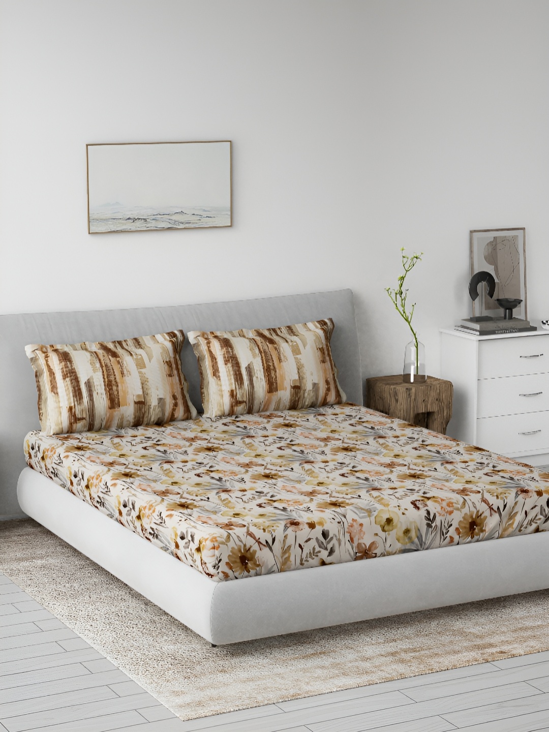 

DDecor Grey & Brown Floral Printed Cotton 144 TC Fitted King Bedsheet with 2 Pillow Covers