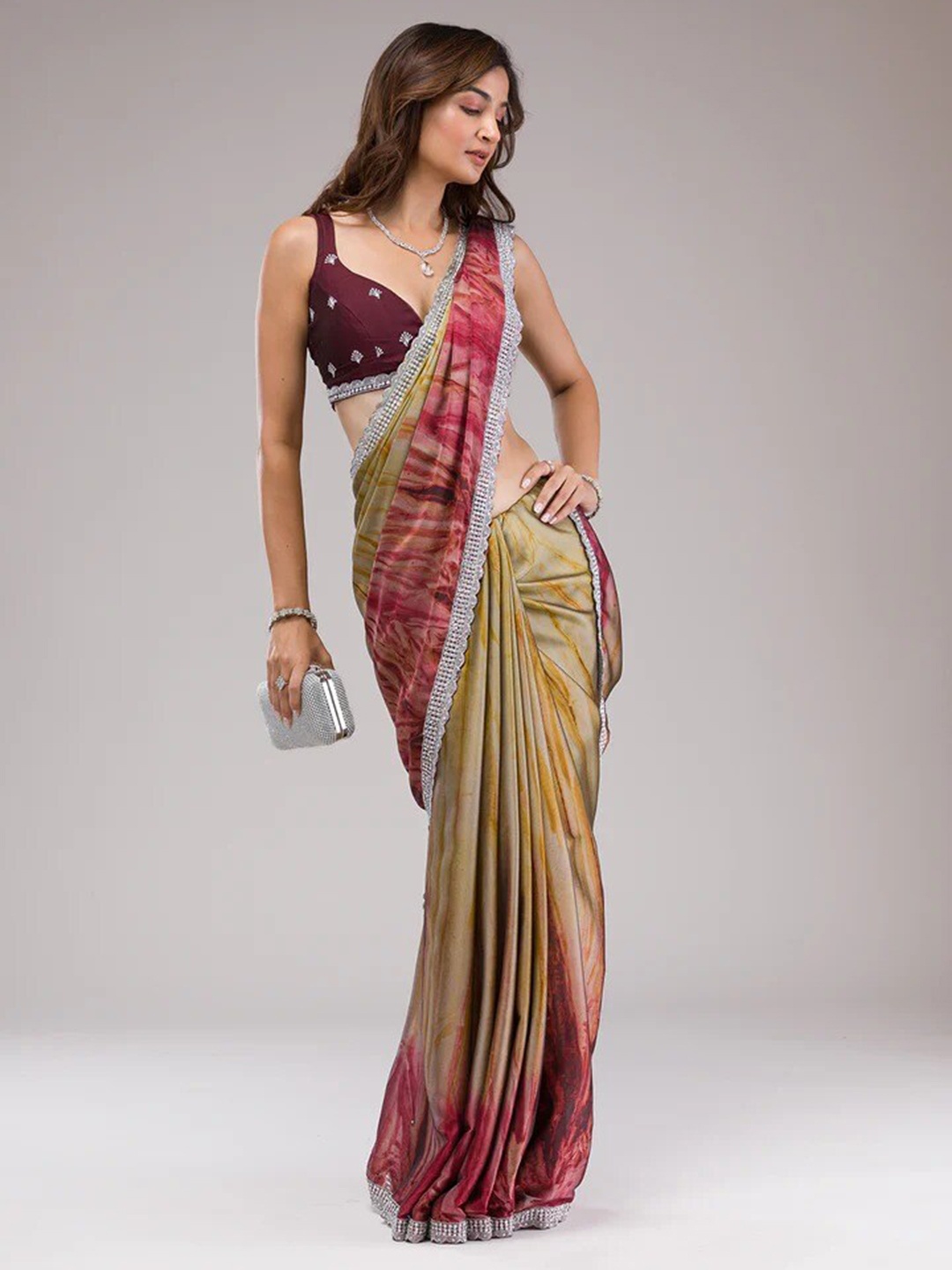 

ELVISH JAIPUR Abstract Printed Block Print Saree, Red