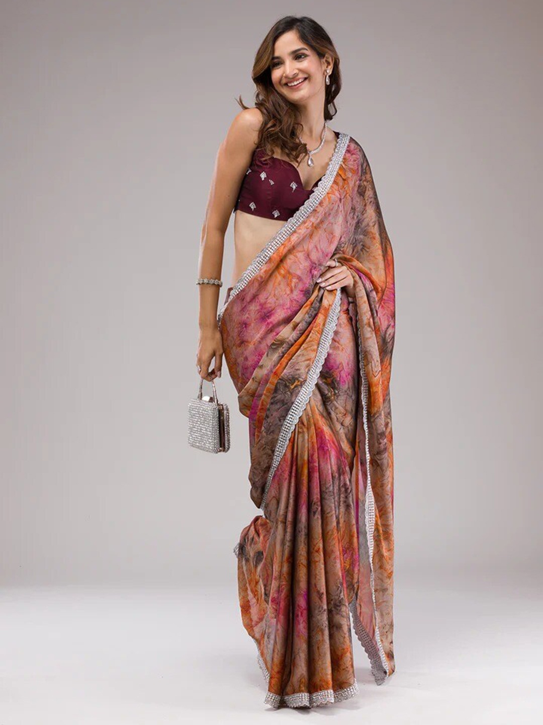 

ELVISH JAIPUR Abstract Printed Block Print Saree, Brown