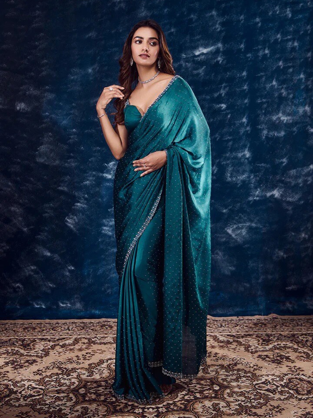 

ELVISH JAIPUR Embellished Beads and Stones Maheshwari Saree, Blue