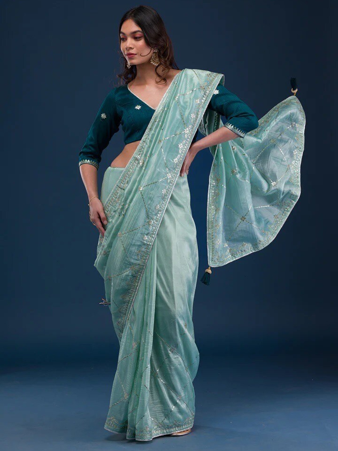

ELVISH JAIPUR Geometric Embellished Gotta Patti Mysore Silk Saree, Blue