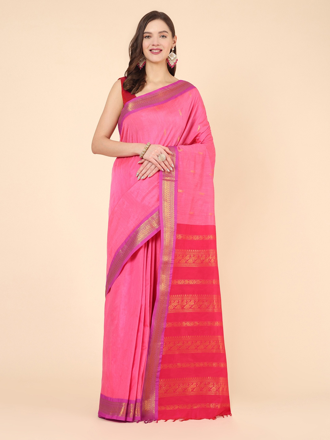 

Manvish Drapes Ethnic Motifs Woven Design Zari Silk Cotton Gadwal Saree, Pink