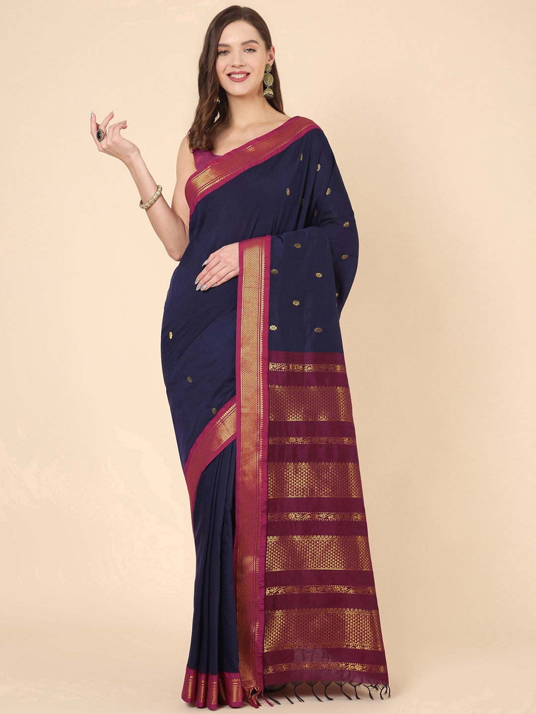 

Manvish Drapes Ethnic Motifs Woven Design Zari Silk Cotton Gadwal Saree, Navy blue