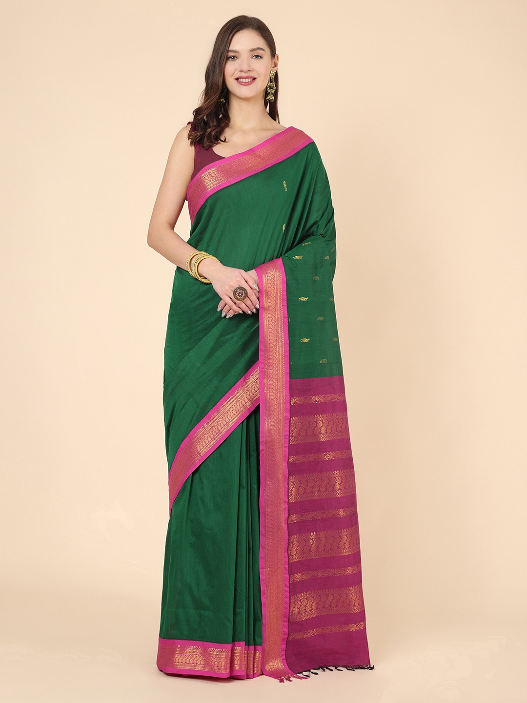 

Manvish Drapes Ethnic Motifs Woven Design Zari Silk Cotton Gadwal Saree, Green