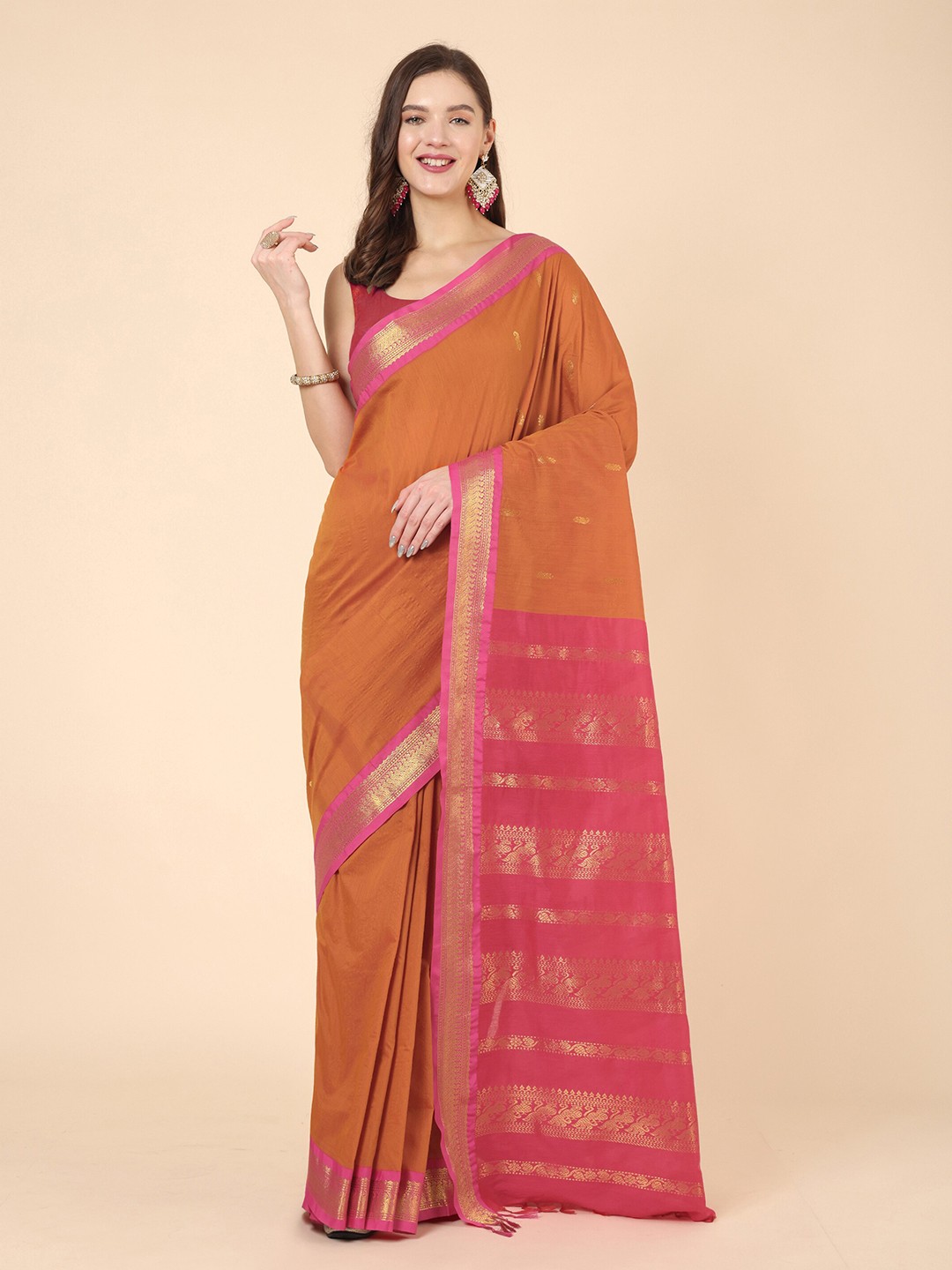 

Manvish Drapes Ethnic Motifs Woven Design Zari Silk Cotton Gadwal Saree, Mustard