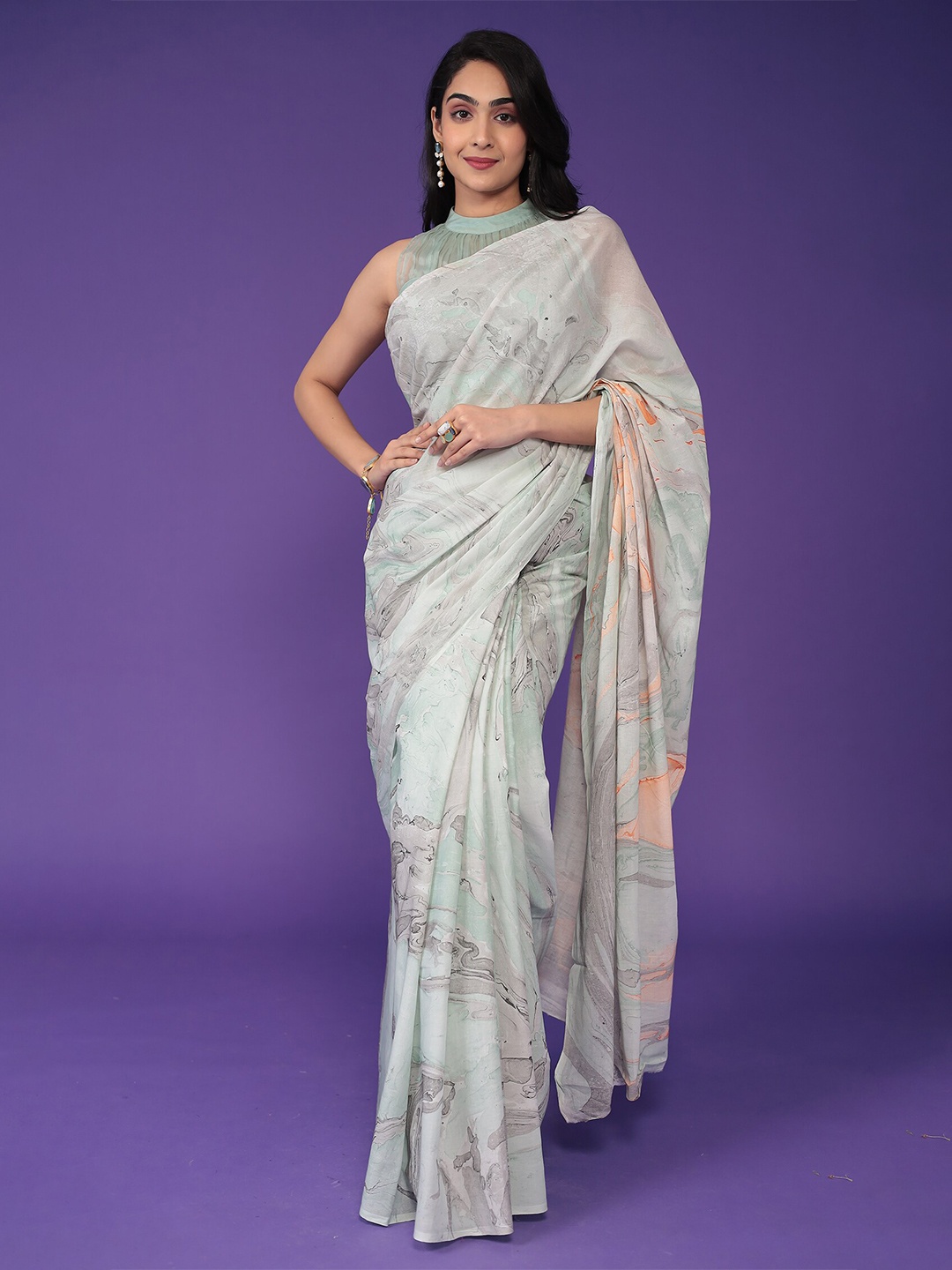 

ZARI Printed Pure Cotton Saree, Grey