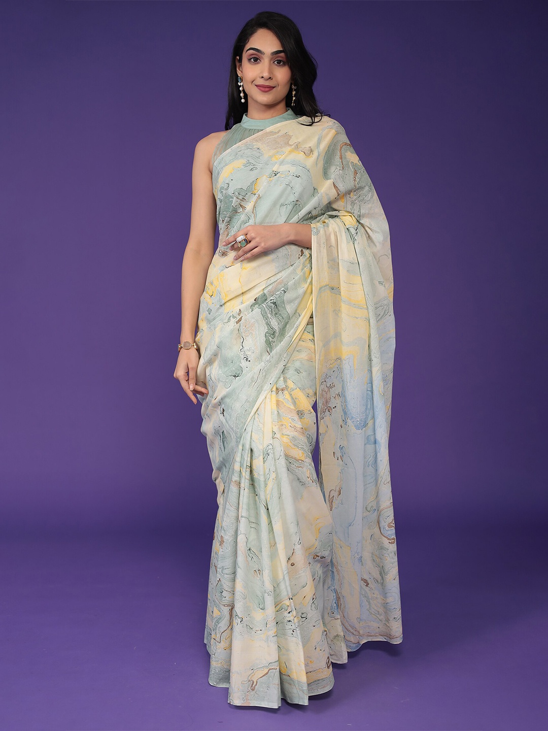 

ZARI Printed Pure Cotton Saree, Cream