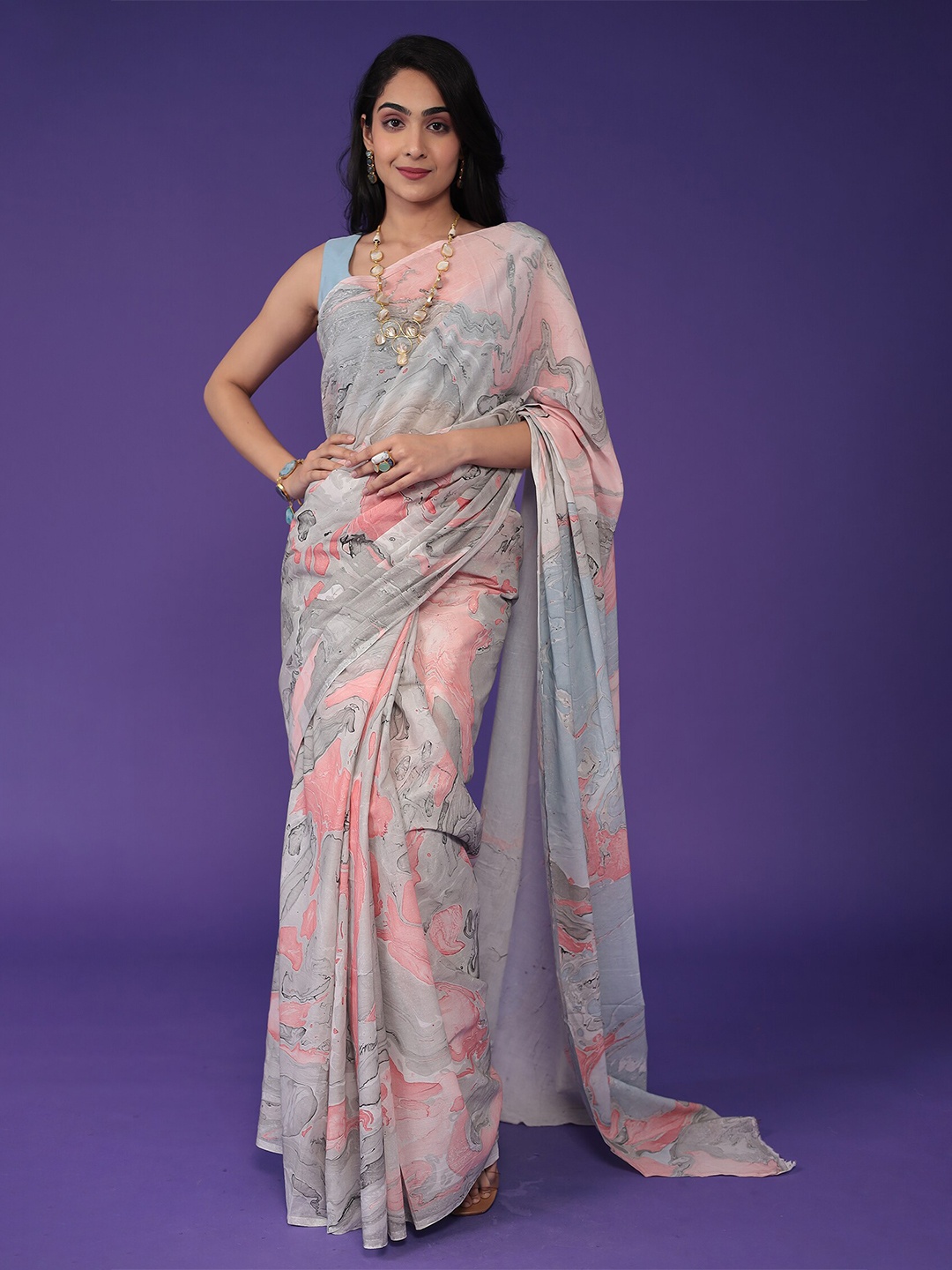 

ZARI Printed Pure Cotton Saree, Grey