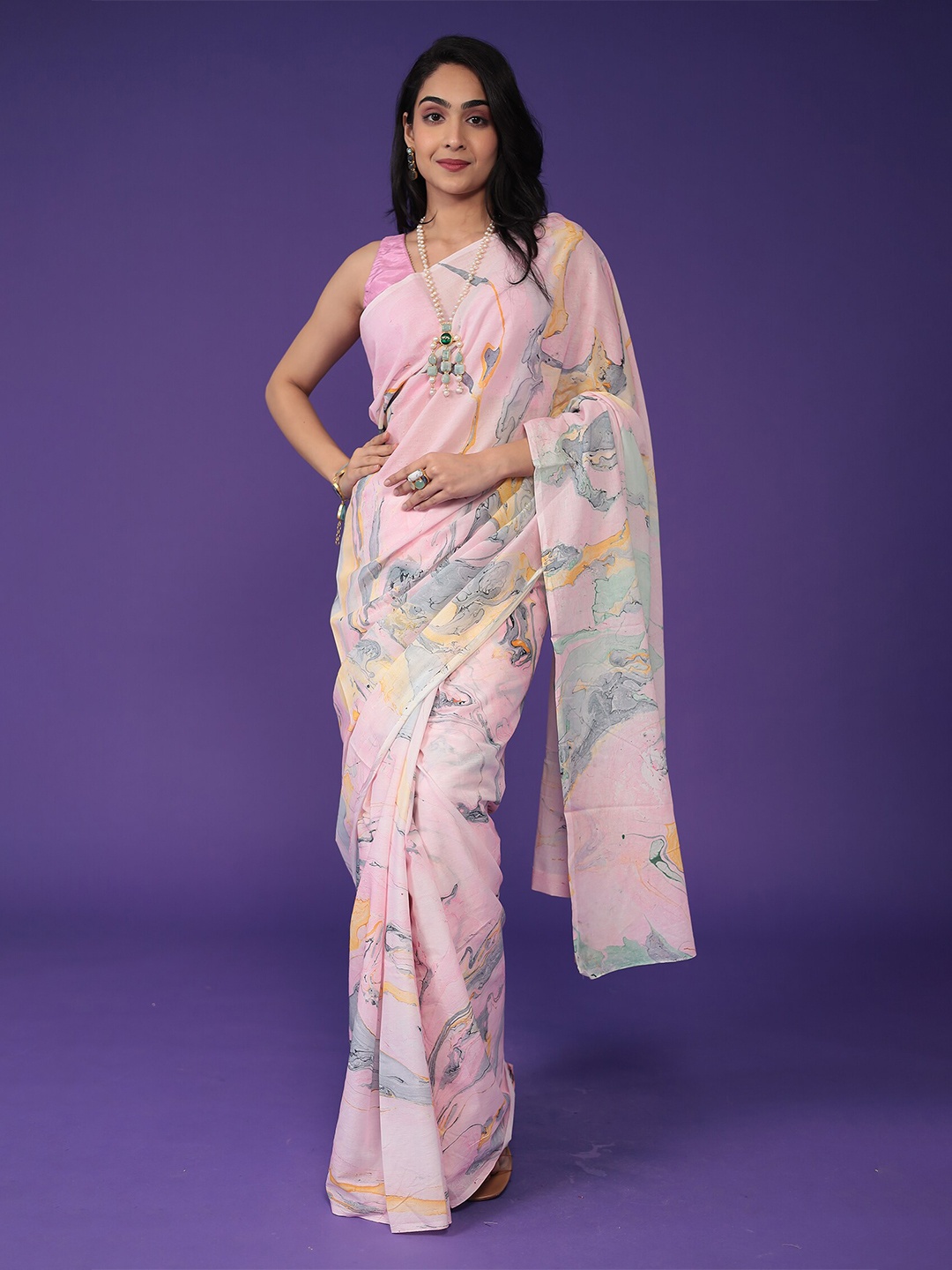 

ZARI Abstract Printed Pure Cotton Saree, Pink