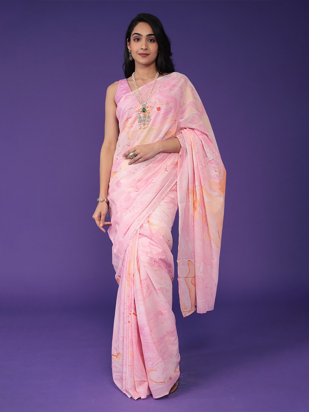 

ZARI Printed Pure Cotton Saree, Pink