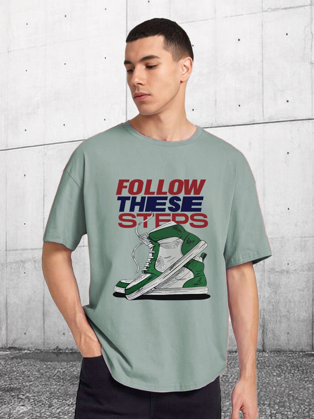 

CHKOKKO Round Neck Drop-Shoulder Sleeves Typography Printed Cotton Oversized T-shirt, Green