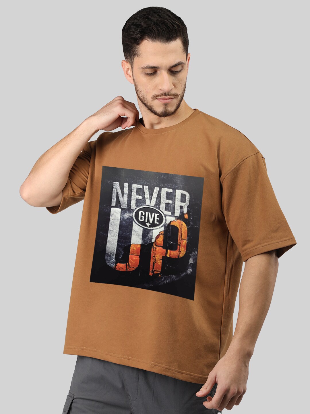 

CHKOKKO Round Neck Typography Printed Cotton Oversized T-shirt, Gold