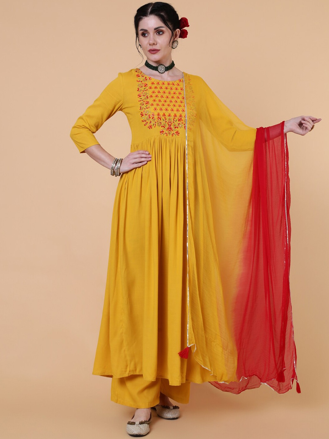 

GULMOHAR JAIPUR Women Floral Embroidered Layered Kurta with Palazzos & With Dupatta, Mustard