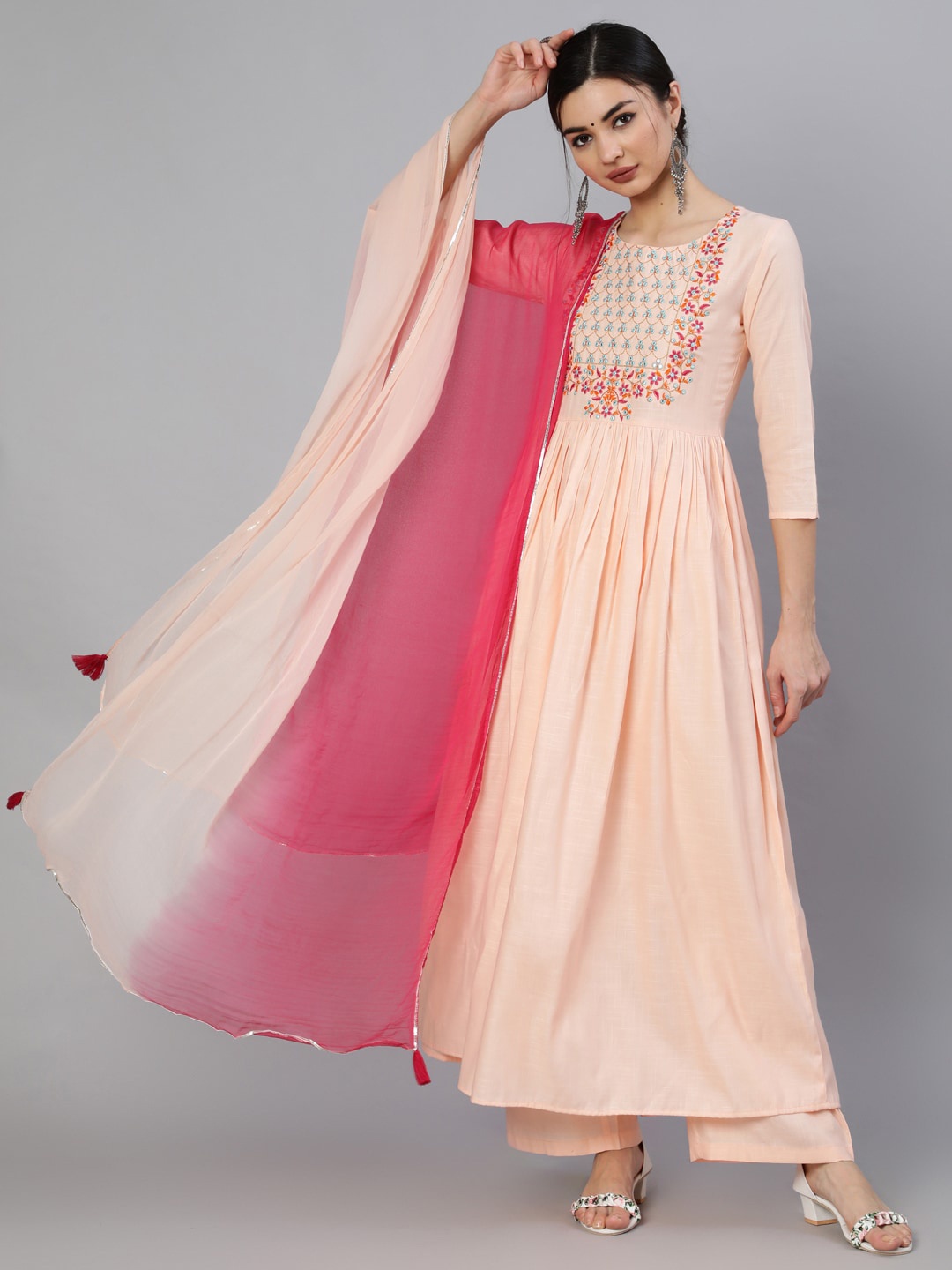 

GULMOHAR JAIPUR Women Floral Embroidered Layered Mirror Work Kurta with Palazzos & With Dupatta, Peach