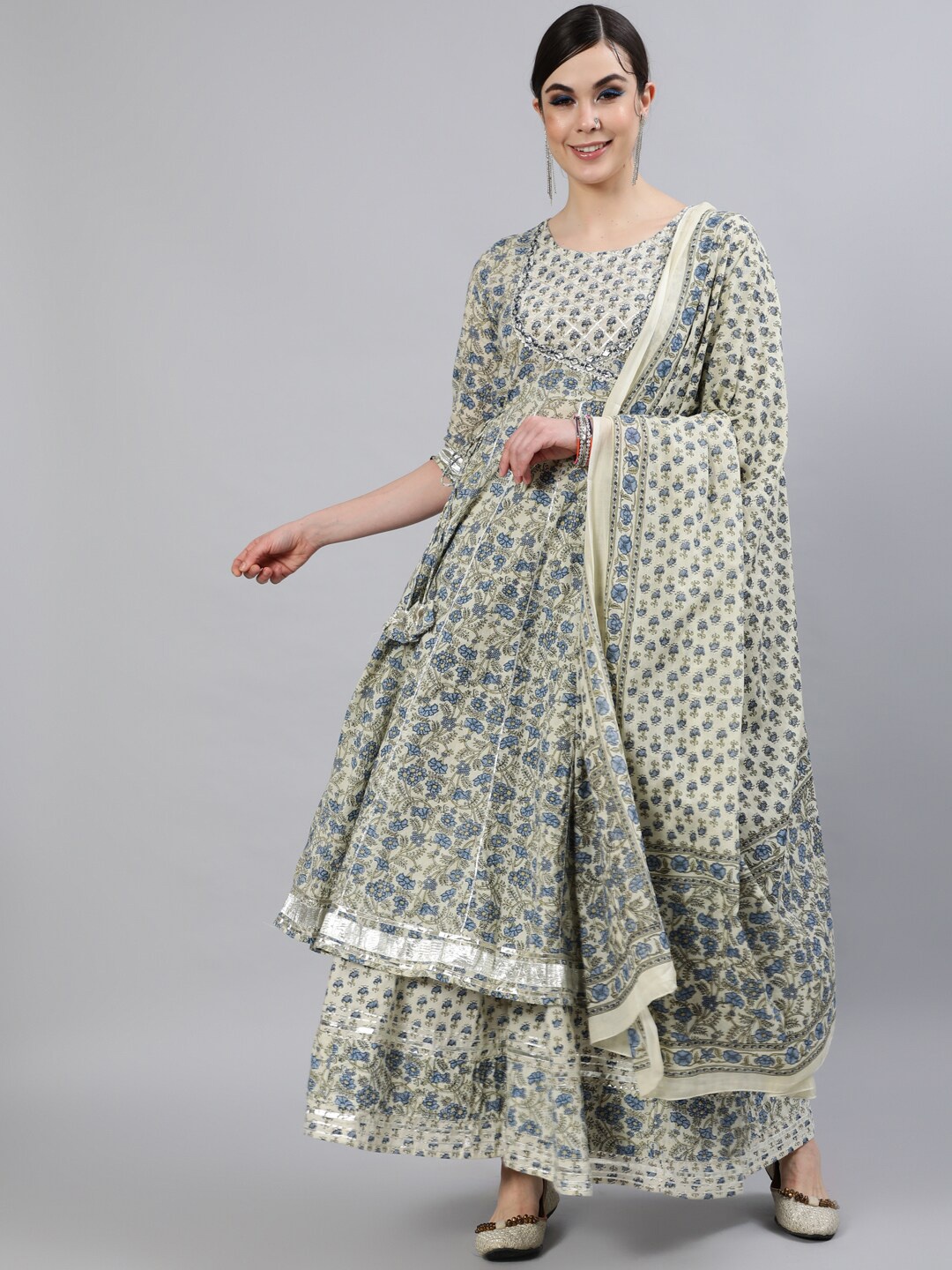 

GULMOHAR JAIPUR Women Floral Printed Layered Pure Cotton Kurta with Palazzos & With Dupatta, Green