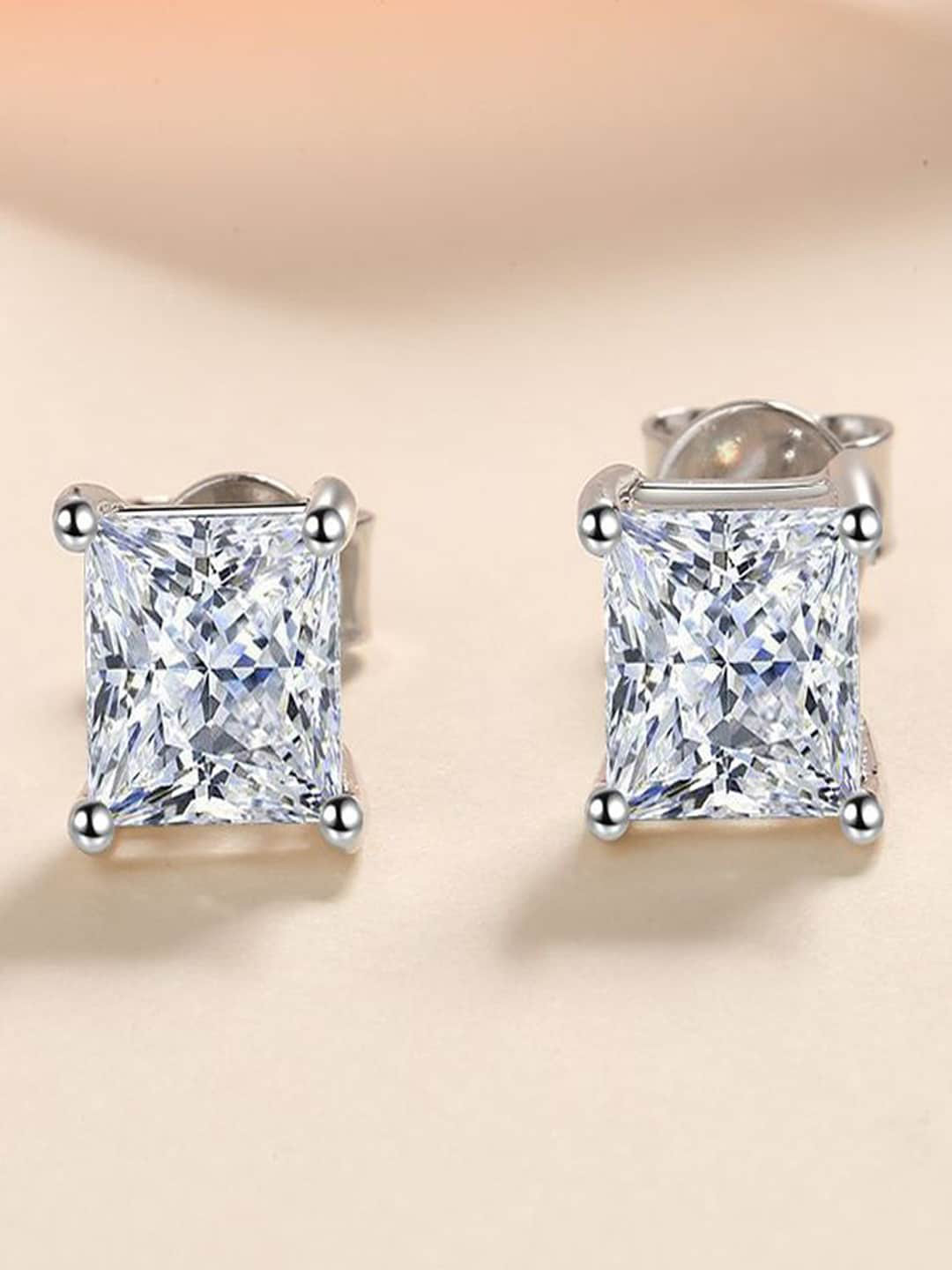 

VAGHBHATT Sterling Silver Square Crystal Studded Studs Earrings