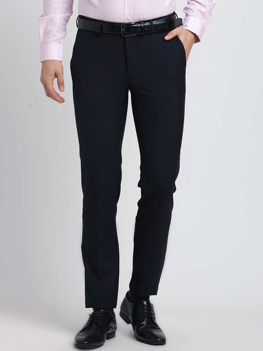 

Turtle Men Tailored Slim Fit Mid-Rise Cotton Formal Trousers, Navy blue